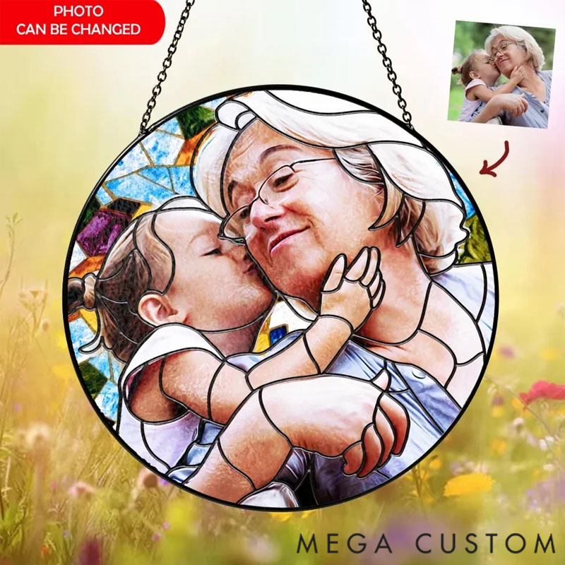 Personalized Window Stained Glass, Grandma And Grandkids Portrait - Suncatcher Hangings, Gift For Grandma