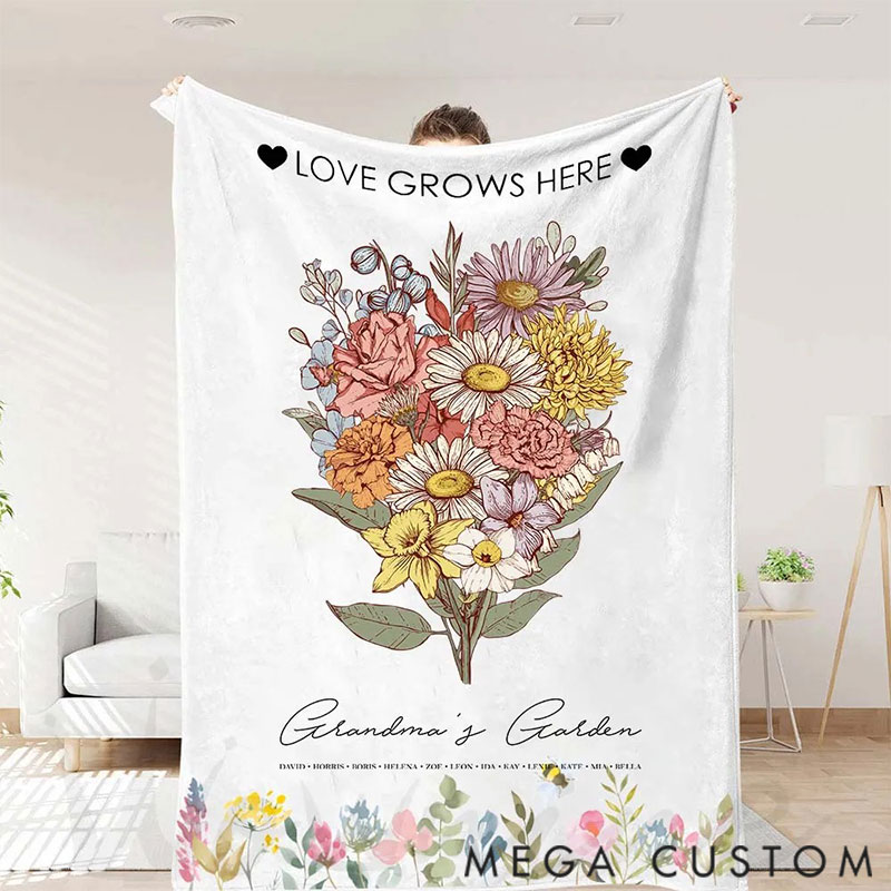 Personalized Birth Flower Family Bouquet Customized Blanket
