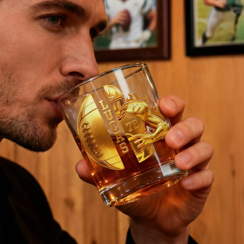 Personalized Golden Football Player Whiskey Glass with Name and Number Birthday Father's Day Gift for Man Bartender Whiskey Enthusiast