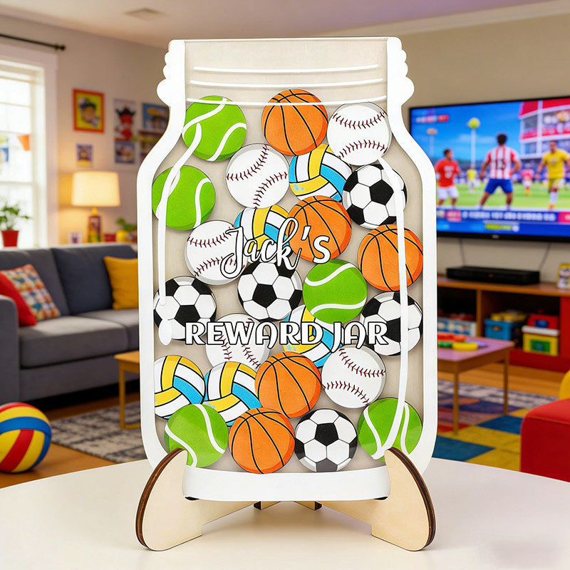 Personalized Sports Magnetic Reward Jar Wood Jar Custom Name Gift for Sport Kids Sport Lovers