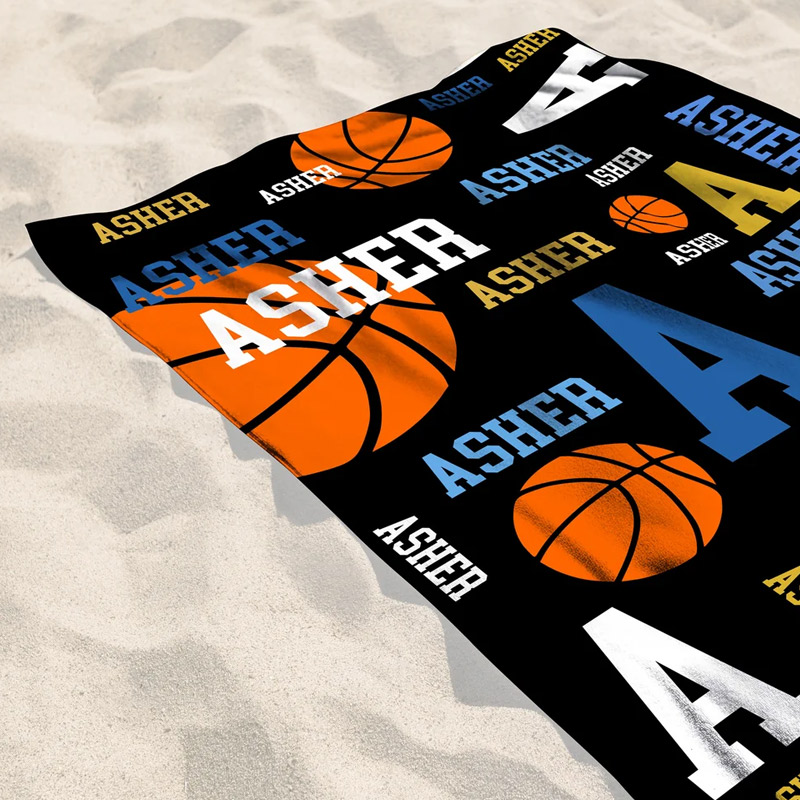 Personalized Basketball Design Quick Dry Oversized Microfiber Beach Towel with Name and Initial Beach Party Holiday Gift for Basketball Lovers