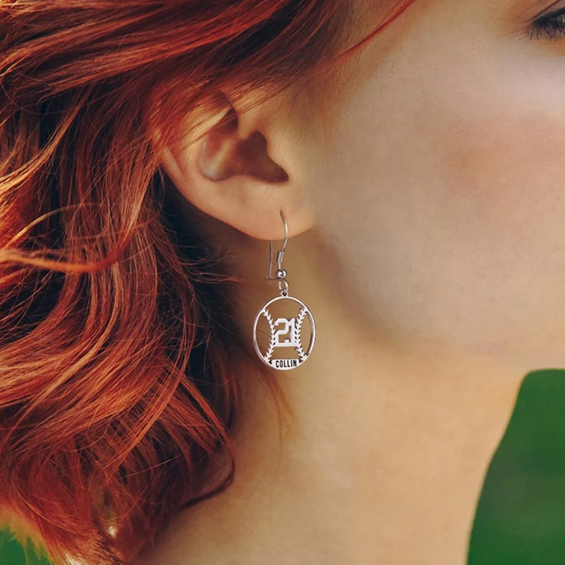 Personalized Baseball Silhouette Stainless Steel Earrings with Name and Number Game Day Team Birthday Gift for Baseball Mom Athlete