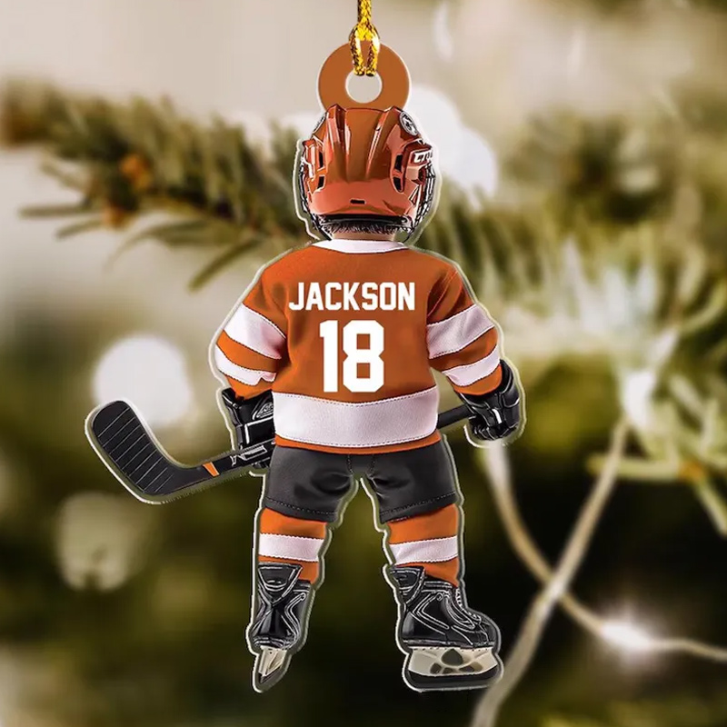 Personalized Hockey Player Ornament with Custom Name, Number, and Jersey Colors Design