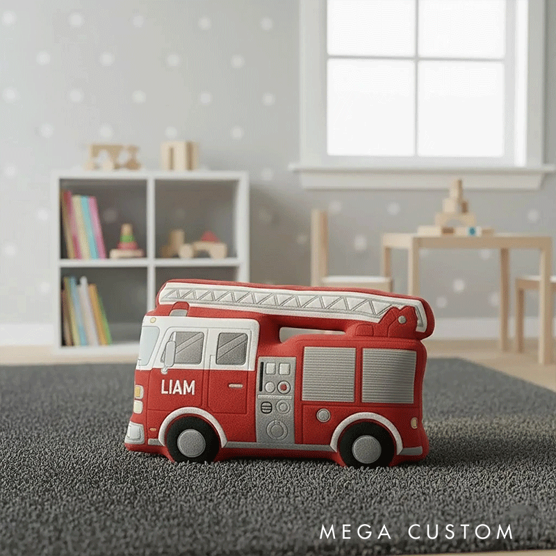 Personalized Fire Truck Pillow Custom Name Plush Cushion Gift for Firefighters