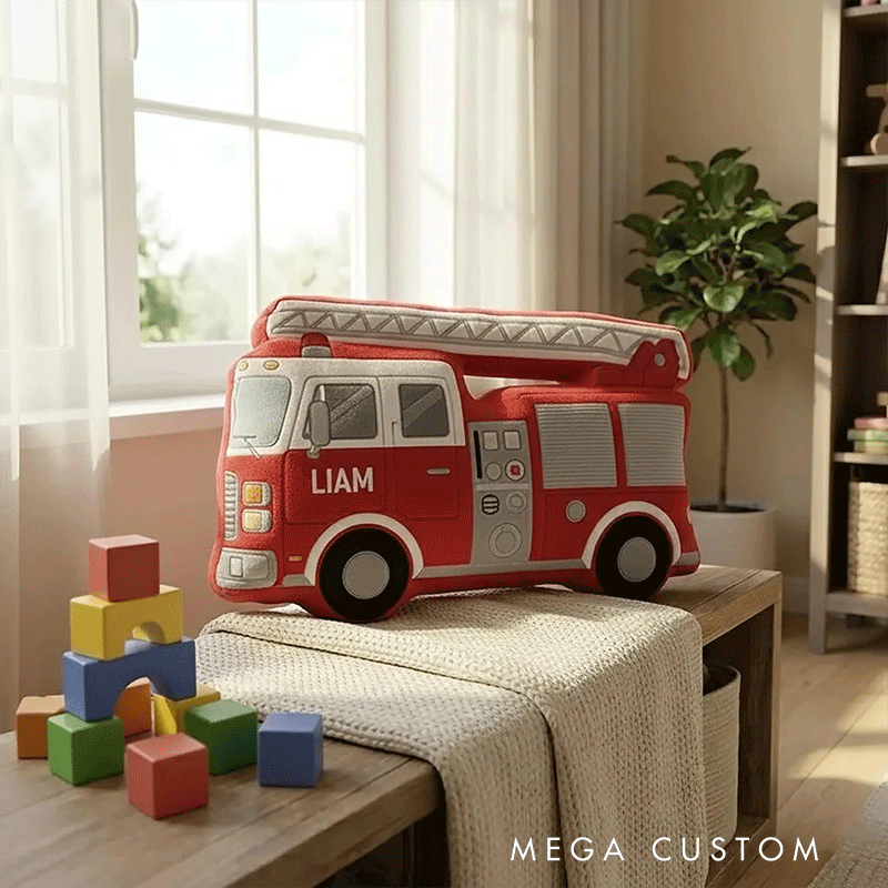 Personalized Fire Truck Pillow Custom Name Plush Cushion Gift for Firefighters