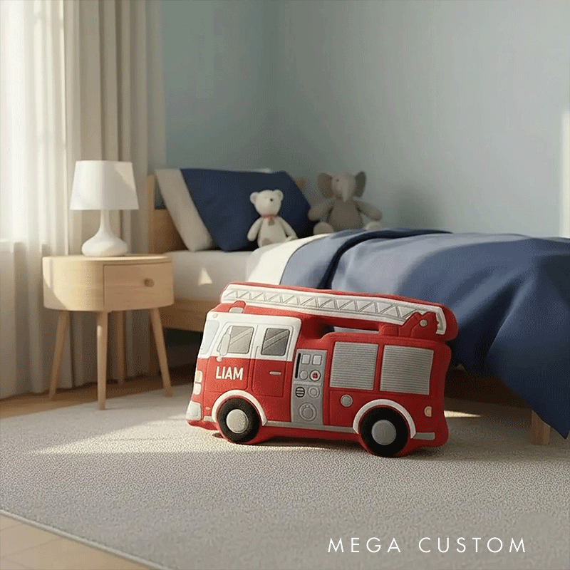 Personalized Fire Truck Pillow Custom Name Plush Cushion Gift for Firefighters
