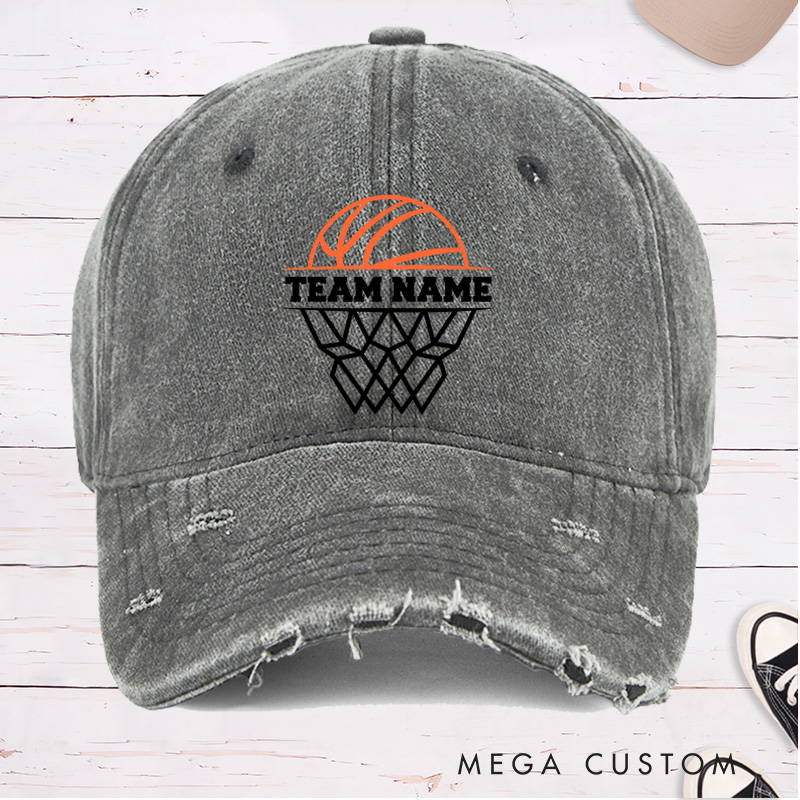 Personalized Distressed Denim Basketball Cap with Customizable Team Name Design for Sports Fans