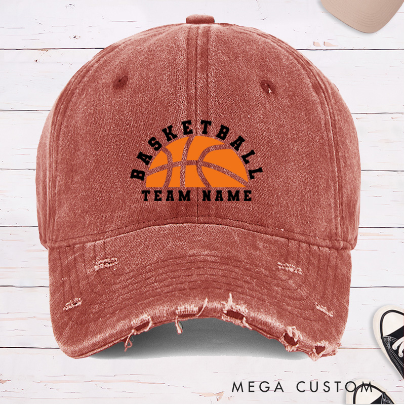 Personalized Distressed Denim Basketball Cap with Custom Team Name and Basketball Graphic Design