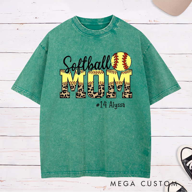 Personalized Softball Mom Washed T-Shirt Design Featuring Leopard Print Bold Text Softball Graphic and Custom Player Name and Number