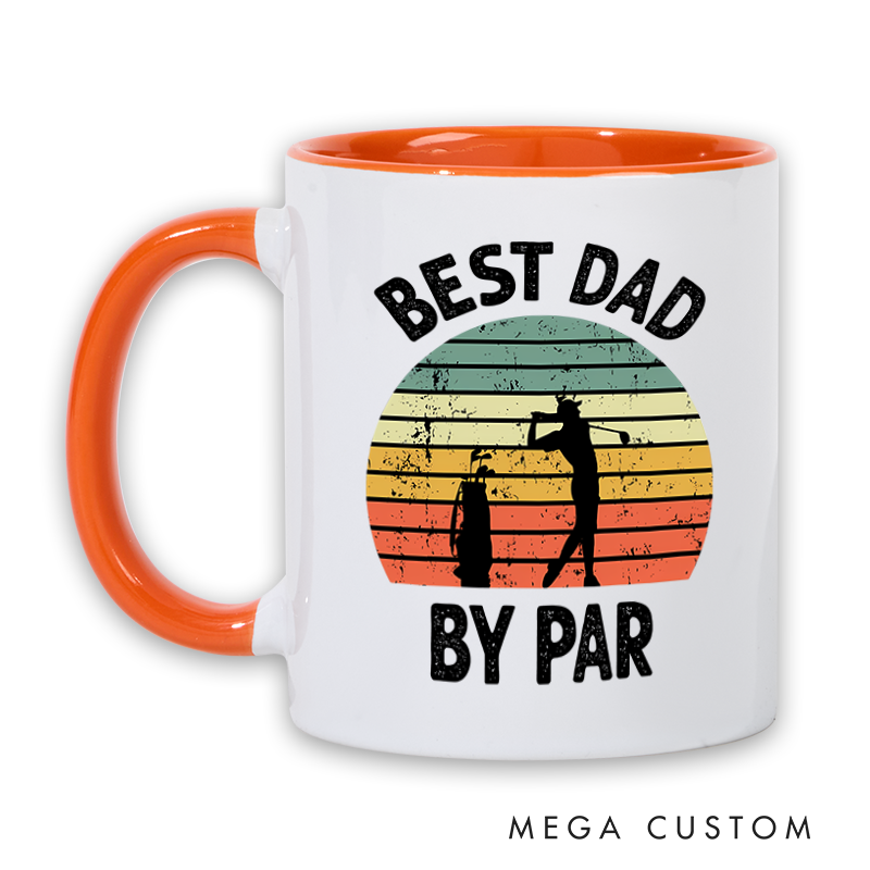 Personalized Golf Mug with Custom Title By Par Design Retro Sunset Style and Two Tone Handle