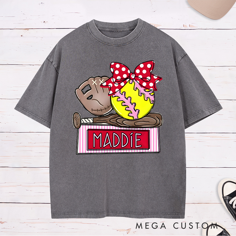Personalized Softball Washed T-Shirt Design Featuring Custom Name Bright Softball Graphic and Playful Bow Accent