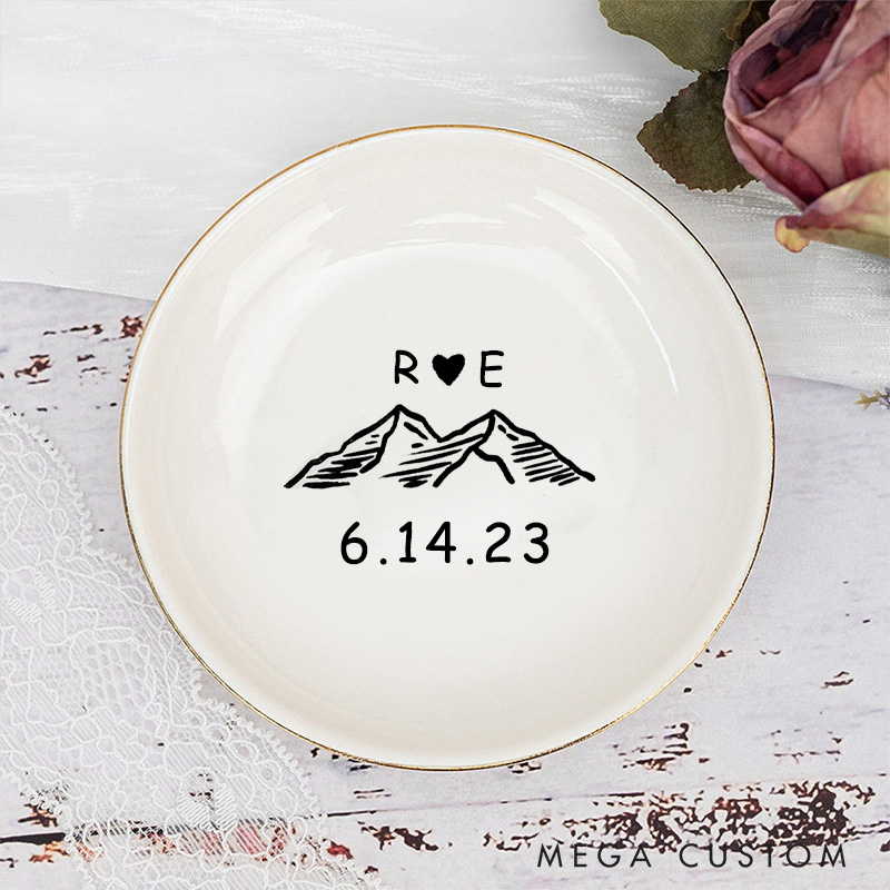 Personalized Mountain Adventure Initials Design with Heart and Date Wedding Engagement Gold-Trimmed Ring Dishes