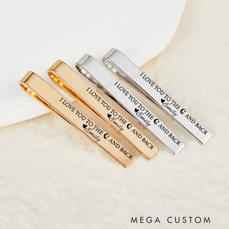 Personalized I Love You To The Moon And Back Engagement Wedding Narrow Tie Clip Silver Tie Bar