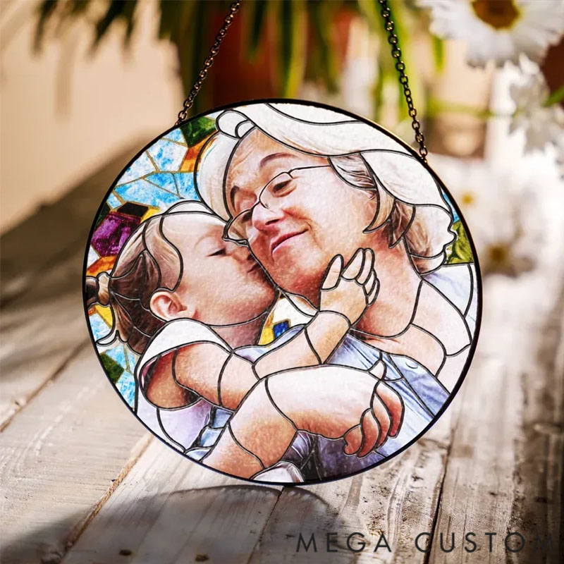 Personalized Window Stained Glass, Grandma And Grandkids Portrait - Suncatcher Hangings, Gift For Grandma