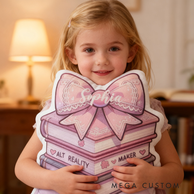 Personalized Books Pillow Graphic 3D Print Pink Bow Book and Custom Name Gift for Reading Lovers