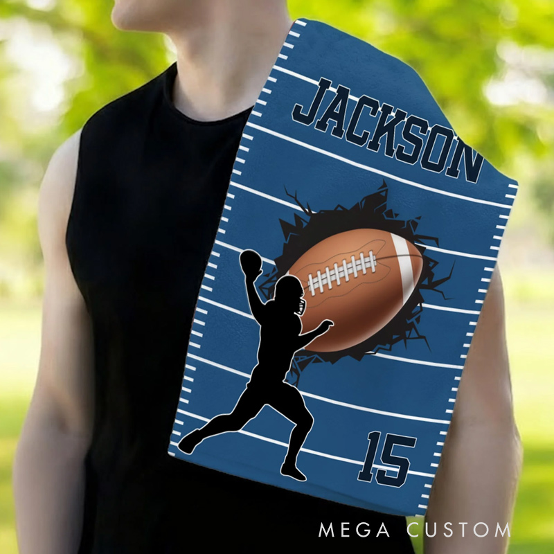 Personalized Character Silhouette Sports Towel with Name Number and Hanging Clip Game Day Gift for Sports Lovers