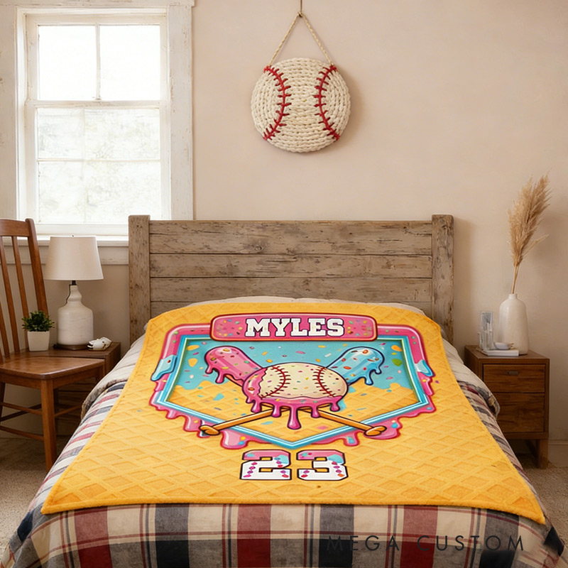 Personalized Baseball Blanket with Melting Ice Cream Baseball Custom Name and Number Baseball Lovers