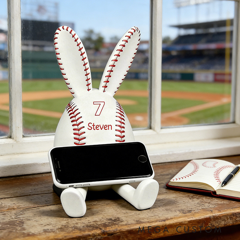 Personalized Baseball Bunny Phone Stand 3D Printed Easter Bunny Gift for Baseball Lovers