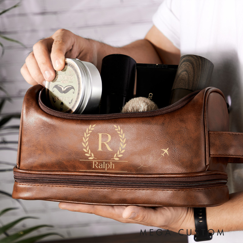 Personalized Travel Toiletry Bag Leather Bag for Travel Lover Gift for Him