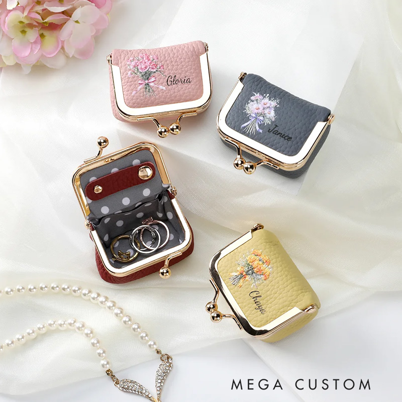 Personalized Birth Flower Bouquet Vintage Mini PU Leather Jewelry Box with Name and Kiss Lock Travel Essential Birthday Bridesmaid Gift for Women