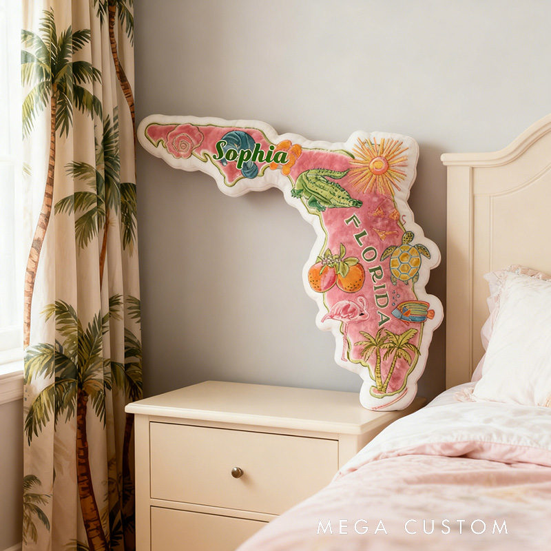 Personalized Florida Travel Pillow Graphic 3D Print Cute Preppy Pink Florida and Custom Name Pillow for Travel Lovers