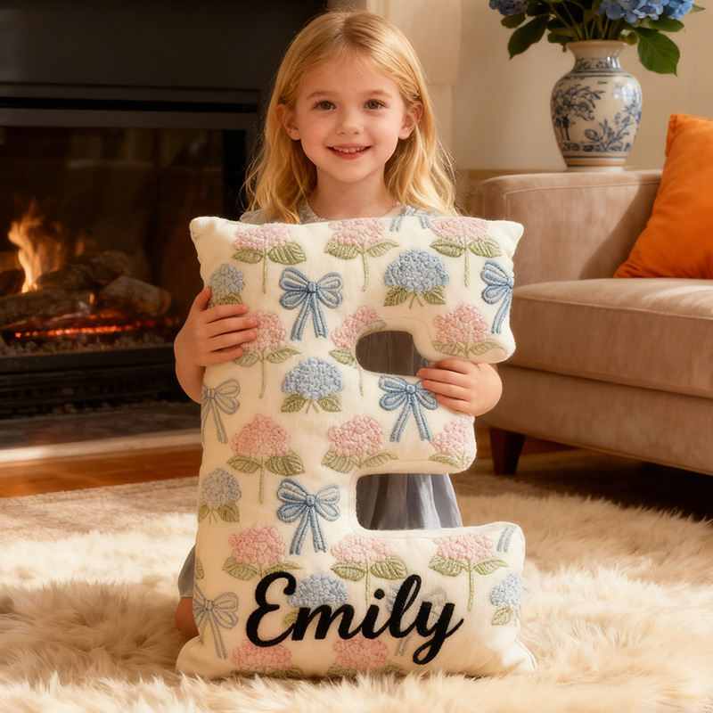 Personalized Hydrangea Letter Letter Pillow Graphic 3D Print Bow and Hydrangea Custom Name Pillow for Gardening Lovers