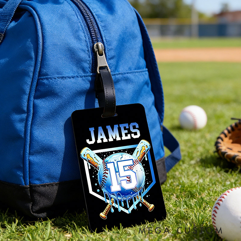 Personalized Ice Cream Dripping Baseball Luggage Tag with Name and Number Travel Accessories Team Gift for Baseball Players Lovers