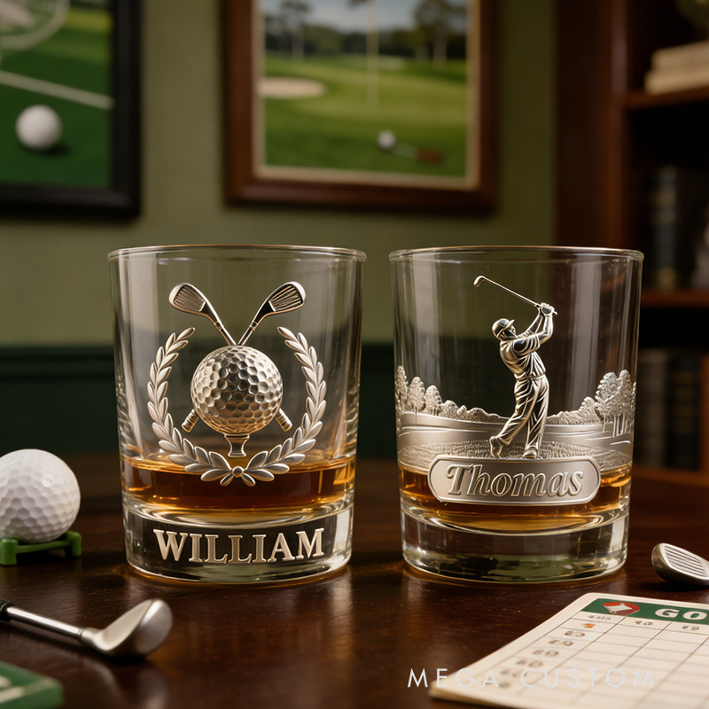 Personalized Golf Whiskey Glass 2D Metallic Style Print with Custom Name for Golf Lovers