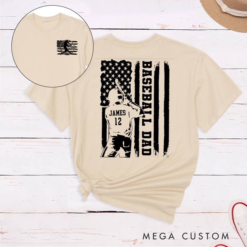 Personalized Baseball Dad T-Shirt with Patriotic Flag and Custom Name and Number