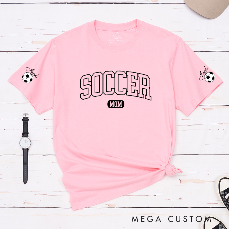 Personalized Soccer Mom T-Shirt with Custom Sleeve Name Design