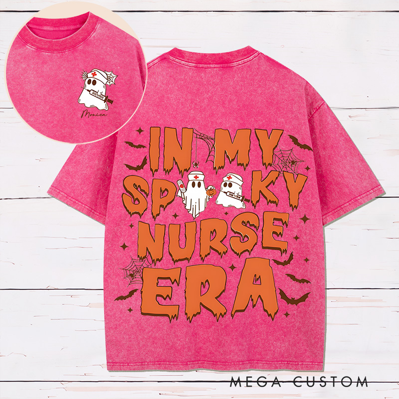 Personalized Two Sides Printed Washed T-Shirt Customized In My Spooky Nurse Era Design Washed T-Shirt 