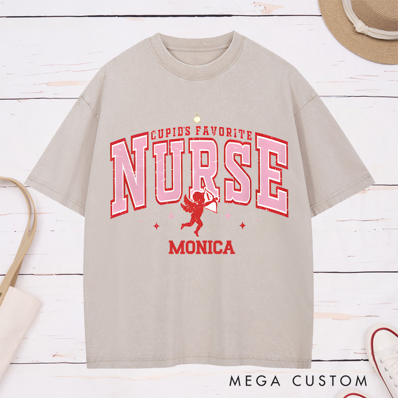 Personalized Nurse Washed T-Shirt Customized Cupid's Favorite Nurse Design Washed T-Shirt 