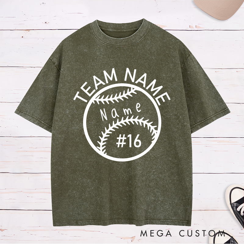 Personalized Softball Washed T-Shirt Design Featuring Custom Team Name Player Name and Jersey Number Inside a Bold Softball Graphic