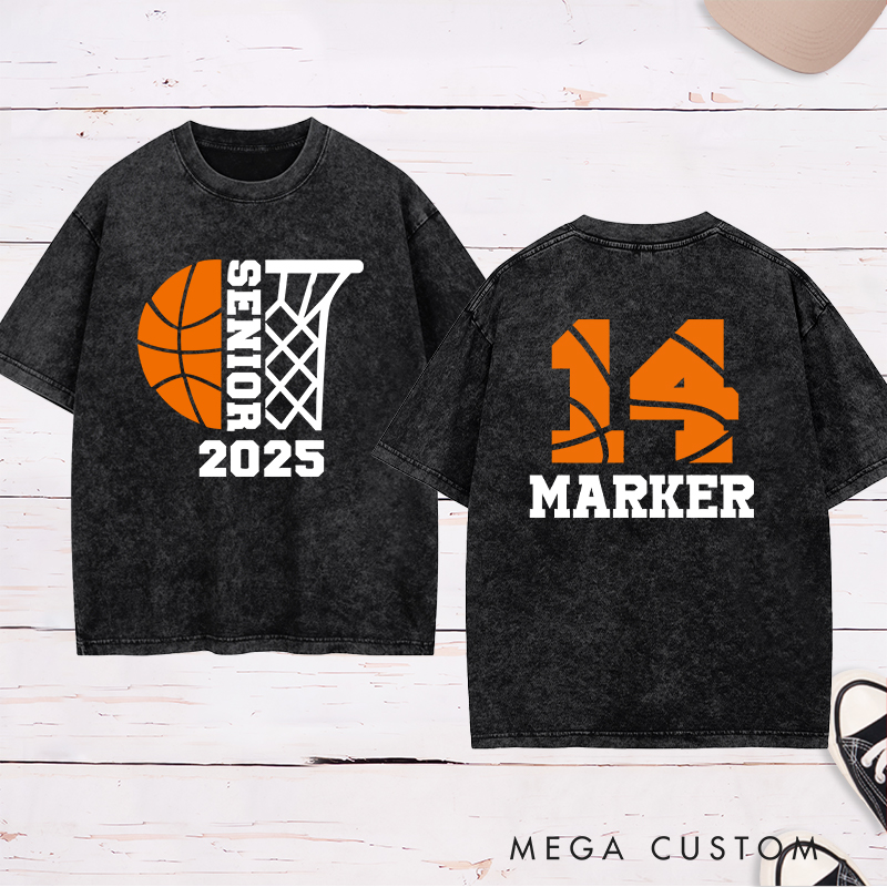 Personalized Washed T-Shirt Design Featuring Customizable Year Basketball Theme with Custom Name and Number for a Sporty Graduation Style