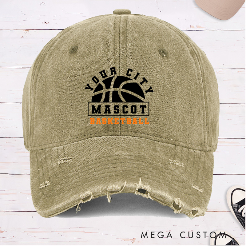 Personalized Distressed Denim Basketball Cap with Custom City Name Team Name and Basketball Graphic Design