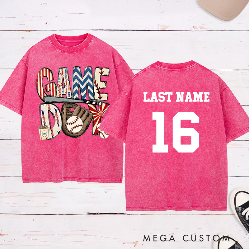 Personalized Patriotic "Game Day" Baseball Washed T-Shirt with Custom Name and Number   