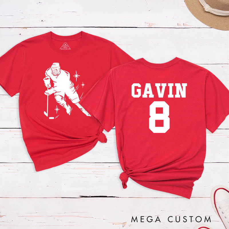 Personalized Hockey Player Silhouette T-Shirt with Custom Name and Number