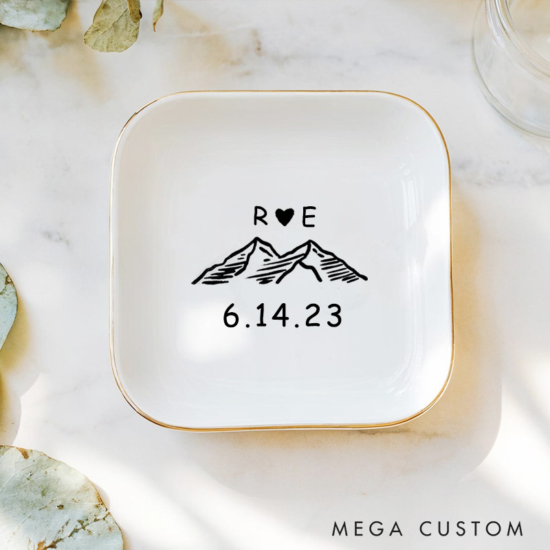 Personalized Mountain Adventure Initials Design with Heart and Date Wedding Engagement Gold-Trimmed Ring Dishes