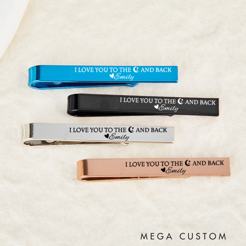 Personalized I Love You To The Moon And Back Engagement Wedding Narrow Tie Clip Silver Tie Bar
