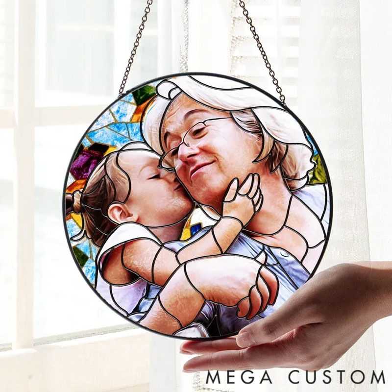 Personalized Window Stained Glass, Grandma And Grandkids Portrait - Suncatcher Hangings, Gift For Grandma