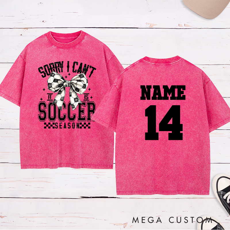Personalized Soccer Season Washed T-Shirt with Stylish Bow Design and Custom Name and Number