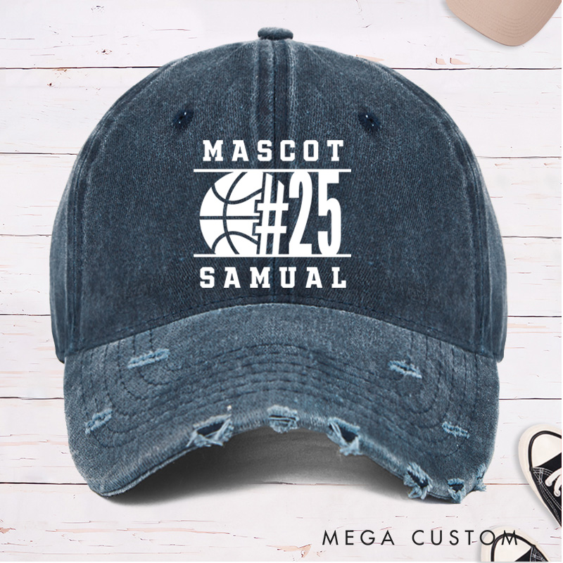 Personalized Distressed Denim Basketball Cap with Custom Team Name Jersey Number and Player Name Design