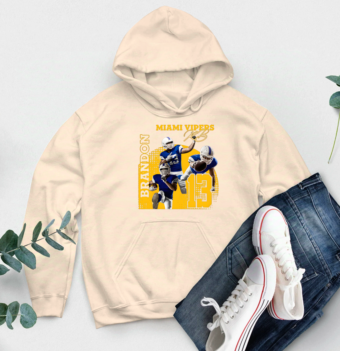 Personalized American Football Hoodie with Custom Photo, Name, Team Name, and Number Design