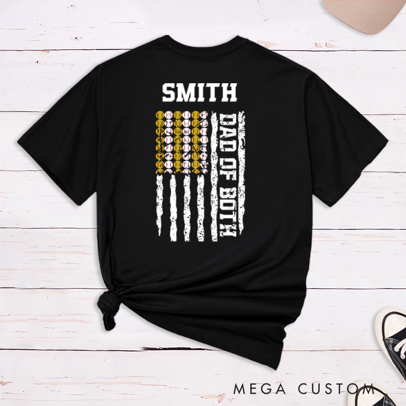 Personalized Dad of Both T-Shirt with Custom Name and Dual Sports Design Perfect Gift for Proud Softball and Baseball Dads