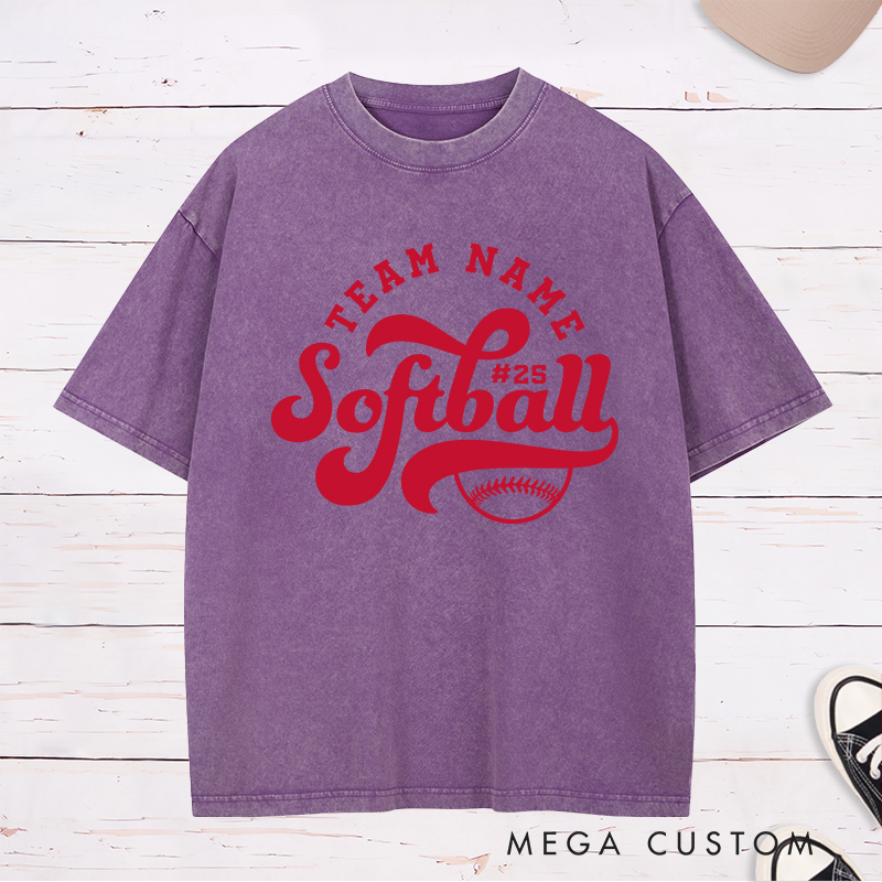 Personalized Softball Washed T-Shirt Featuring Customizable Team Name Player Number Dynamic Script Font and Classic Softball Graphic for a Bold and Unified Look