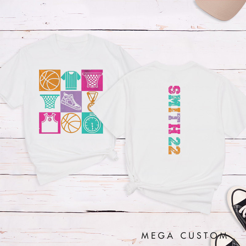 Personalized Basketball T-Shirt Design Featuring Colorful Sports-Themed Graphics on the Front with Customizable Name and Number on the Back