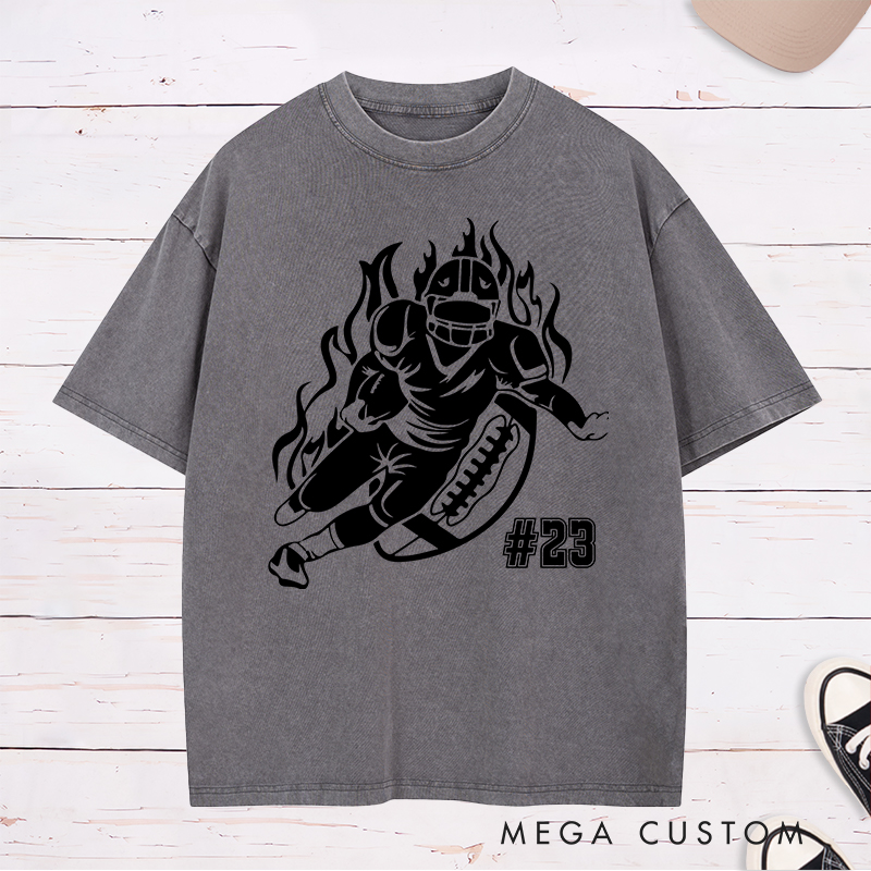 Personalized American Football Player Washed T-Shirts Featuring Custom Number for Football Action Tee