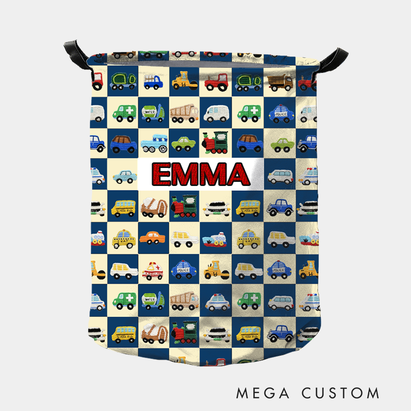 Personalized Cute Car Plaid Print Large Waterproof Laundry Storage Basket with Handle Custom Name Gift for Kids