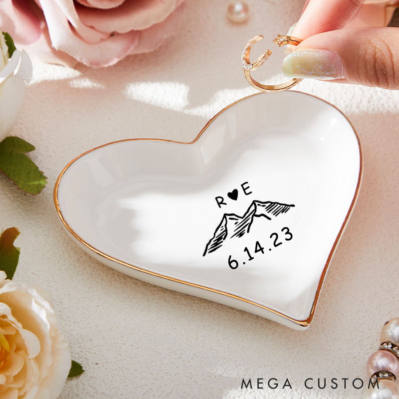 Personalized Mountain Adventure Initials Design with Heart and Date Wedding Engagement Gold-Trimmed Ring Dishes