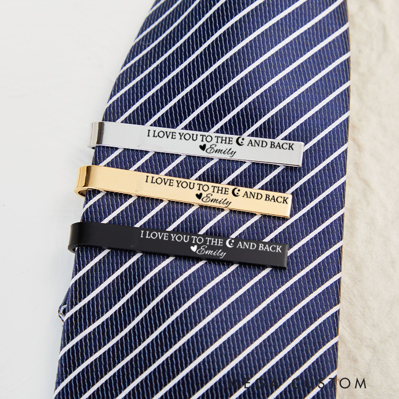 Personalized I Love You To The Moon And Back Engagement Wedding Narrow Tie Clip Silver Tie Bar
